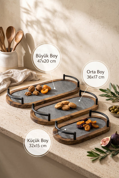 3'lü Doğal Ahşap Taş Oval Sunum Tepsisi *45912* TUTKU-4023
