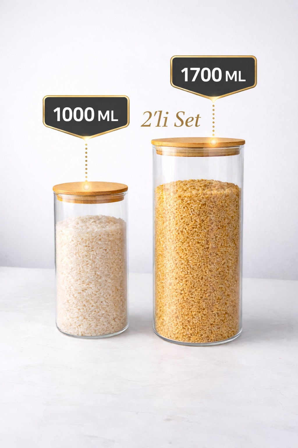 2’li Bambu Kapaklı Borosilikat Cam Kavanoz Seti – 1700 ML & 1000 ML KOD: TUTKU-3168