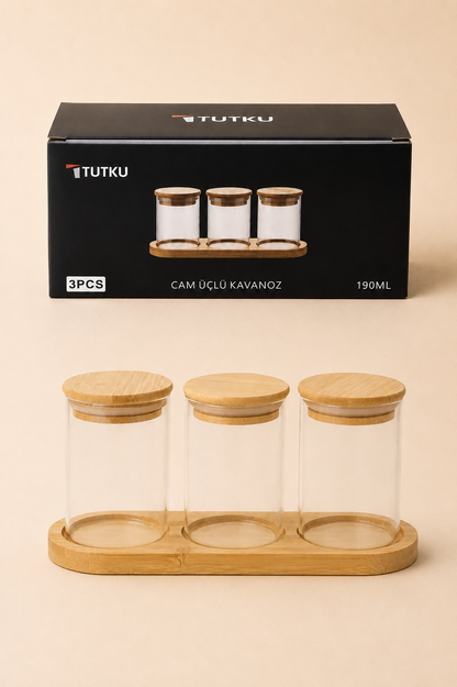 Bambu St.Yuvarlak 3'lü Cam Baharatlık KOD:TUTKU-3384