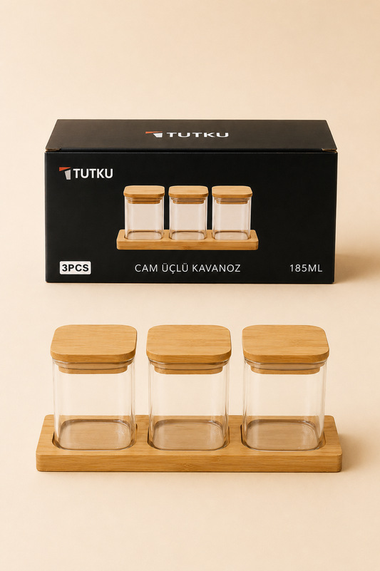 Bambu St.Kare 3'lü Cam Baharatlık KOD:TUTKU-3407