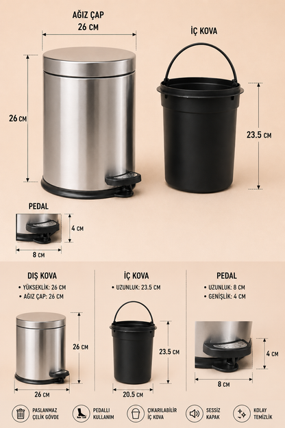Mikro 5L Paslanmaz Çöp Kovası Pedallı-001904