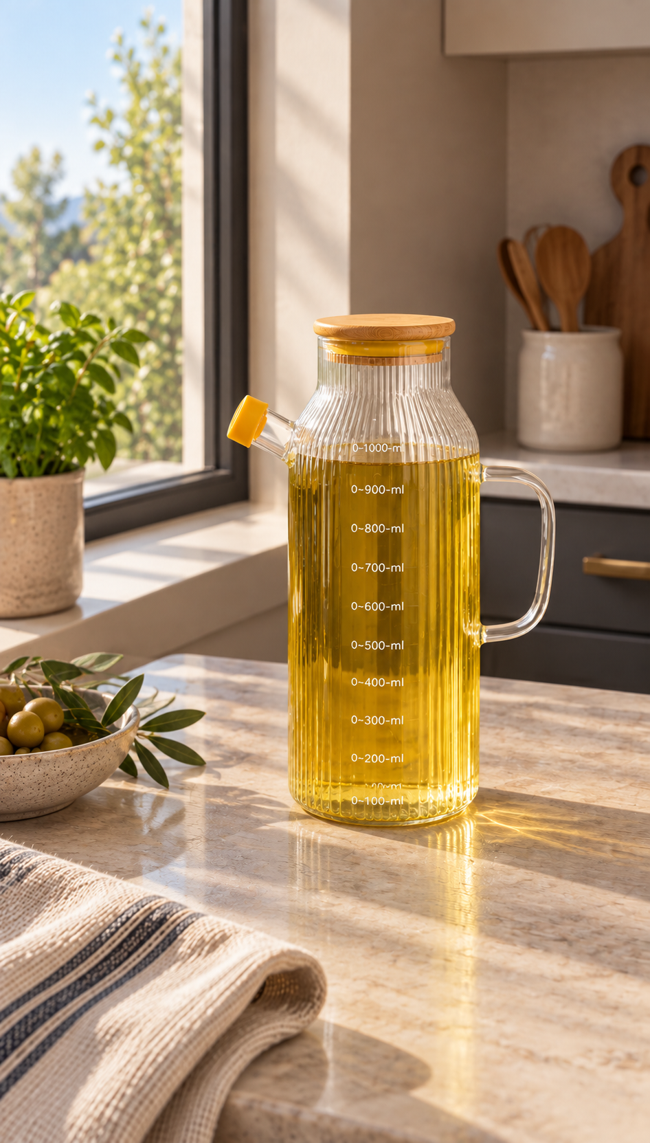 1 Litre Bambu Kapaklı Çizgili Cam Yağlık