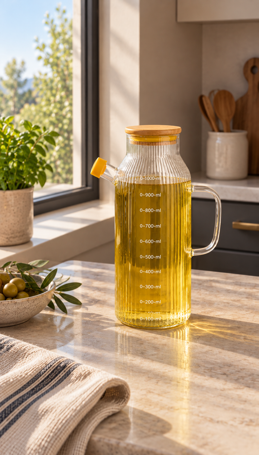 1 Litre Bambu Kapaklı Çizgili Cam Yağlık KOD: TUTKU-2777