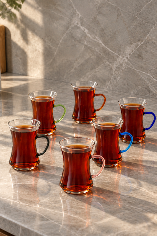 Renkli Kulplu 6'lı Cam Çay Bardağı KOD:TUTKU-3385