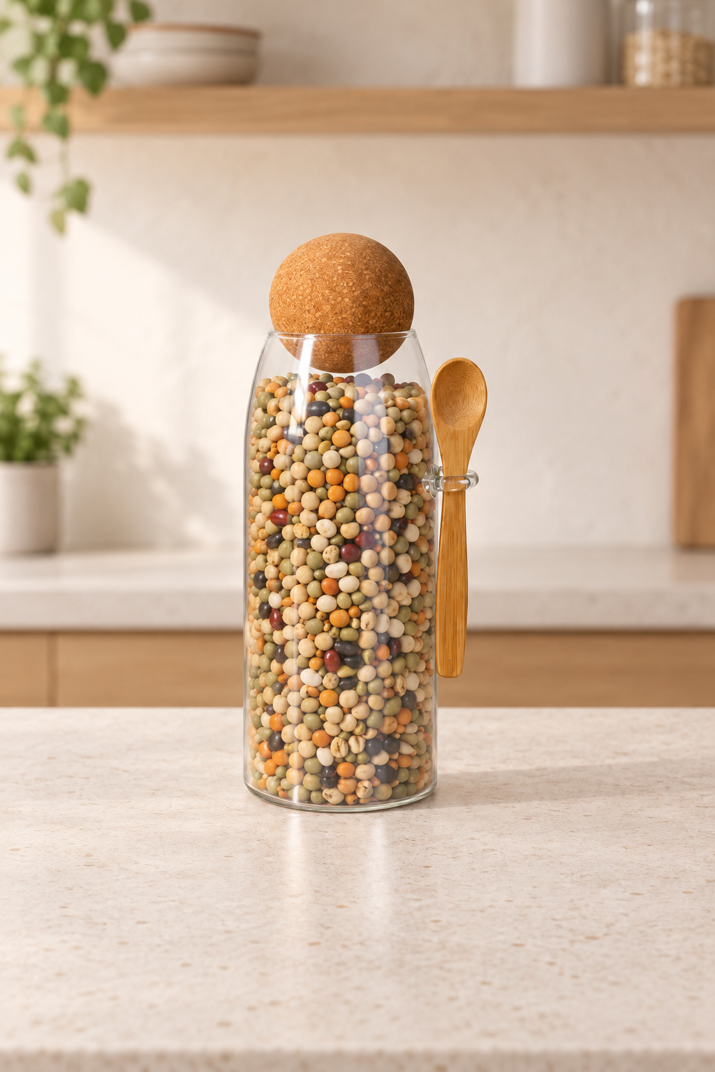 1300 Ml Mantar Kapaklı Kaşıklı Cam Kavanoz - 25 Cm