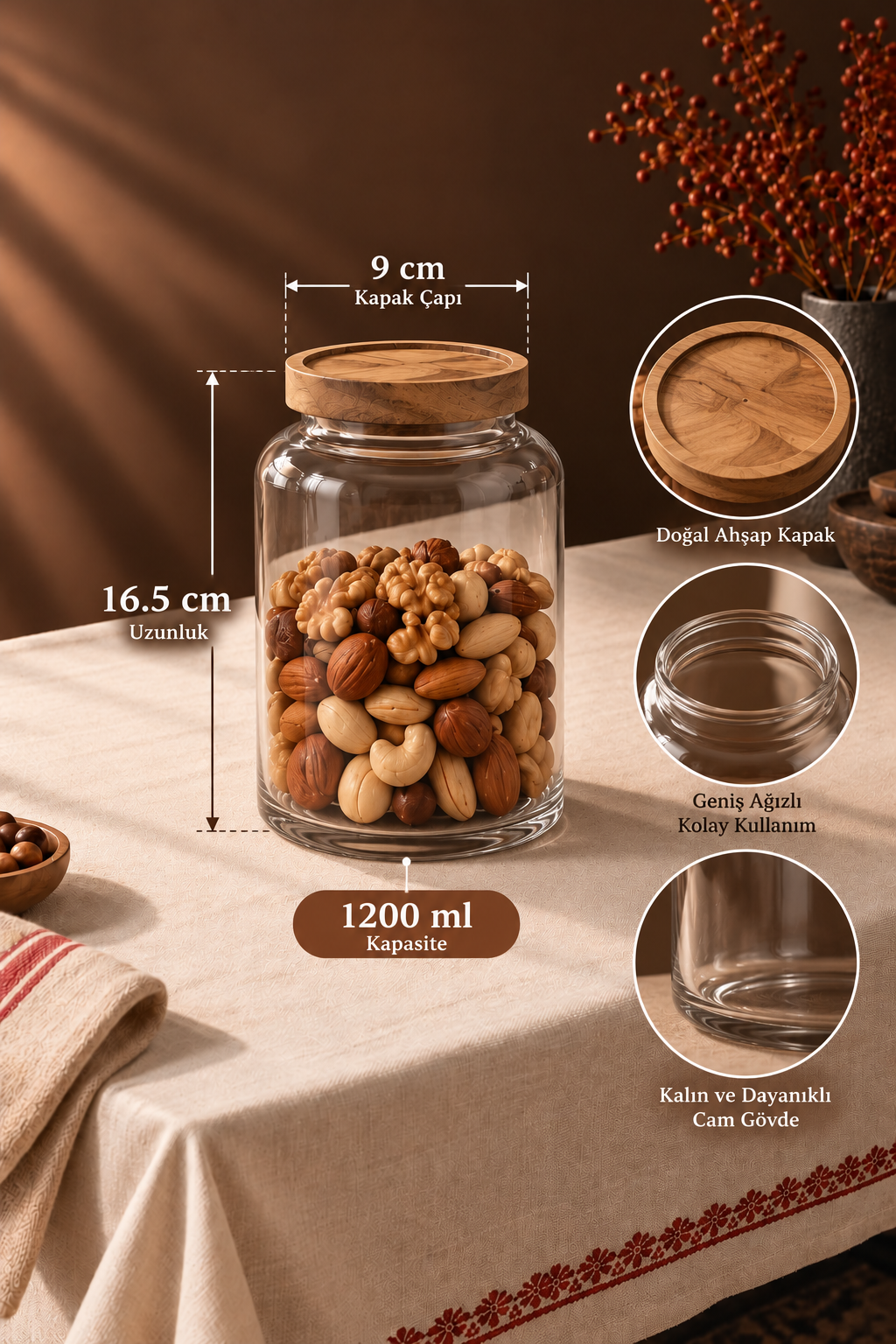 Akasya Kapaklı Cam Kavanoz 1200 ml - 16.5 cm *RZ-1042*24* TUTKU-3963